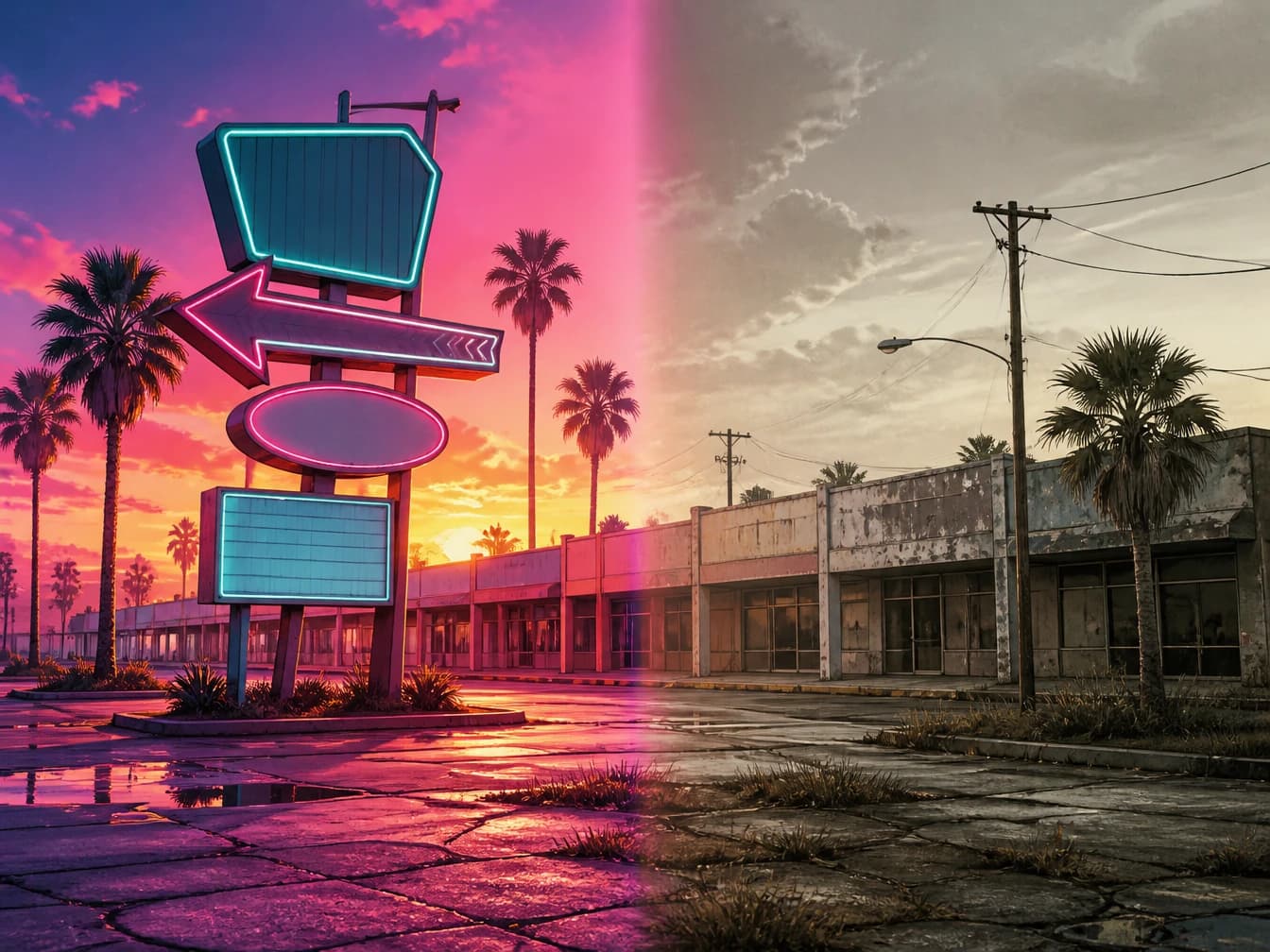 Geteiltes Bild: Port Gellhorns Neon-Einkaufszentrum aus GTA 6 geht in seine verwitterte reale Entsprechung über — zum realen Ort von Port Gellhorn in Florida.