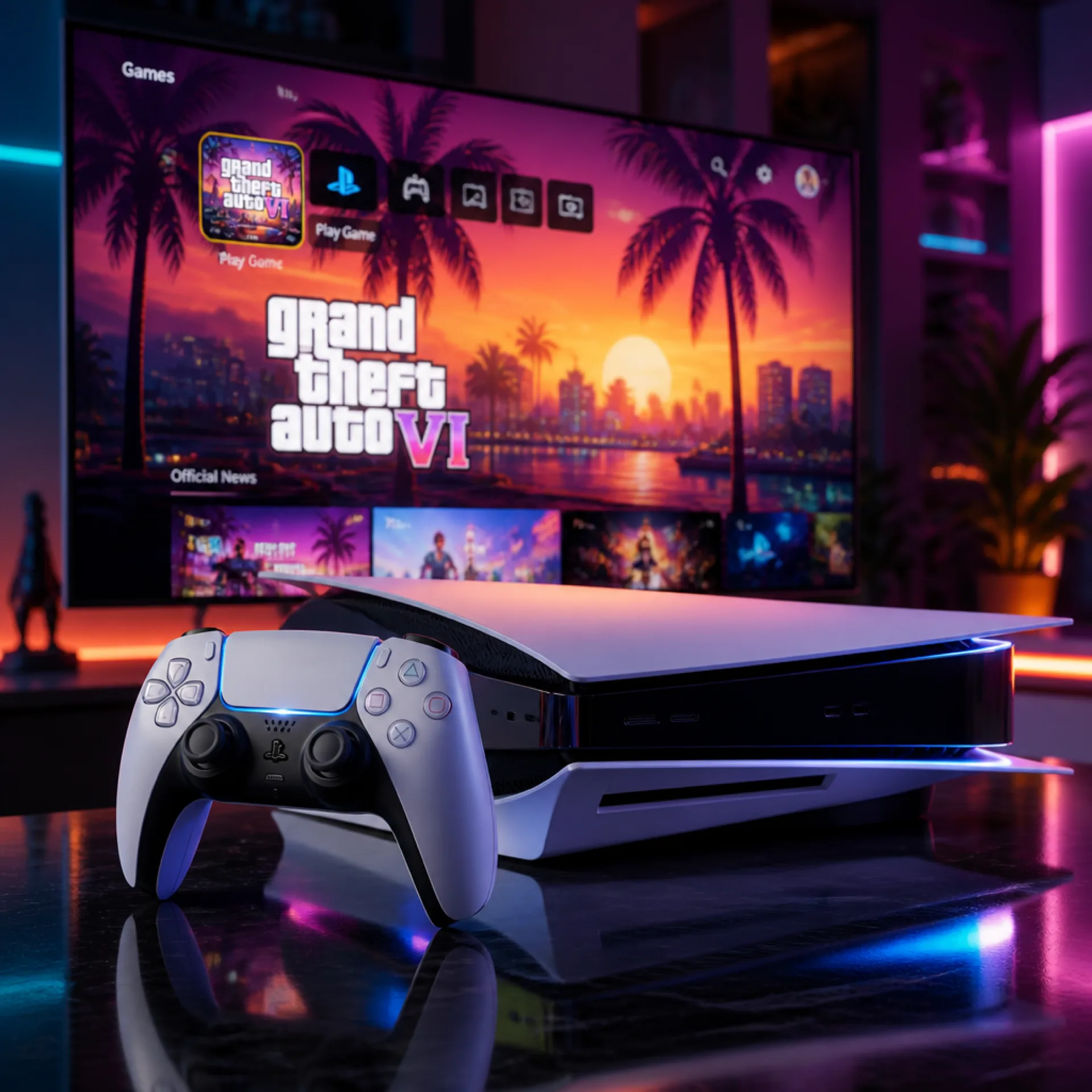 PlayStation 5 home screen showing a custom GTA 6 theme with neon Vice City palm trees and orange-and-blue branding