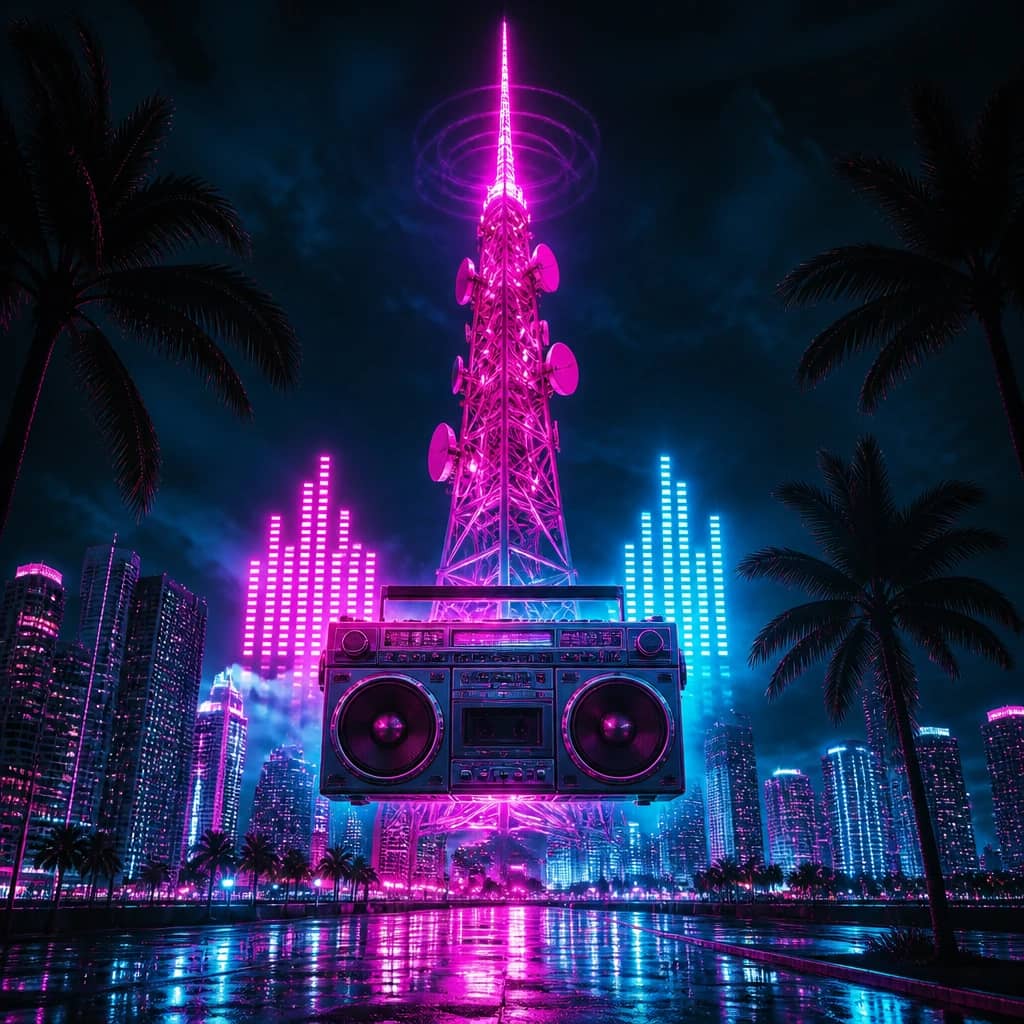 Vice City'nin gece gökyüzünde neon ışıklı bir radyo kulesi, GTA 6'nın radyo istasyonlarının arkasındaki söylentideki ünlü küratörleri temsil ediyor.