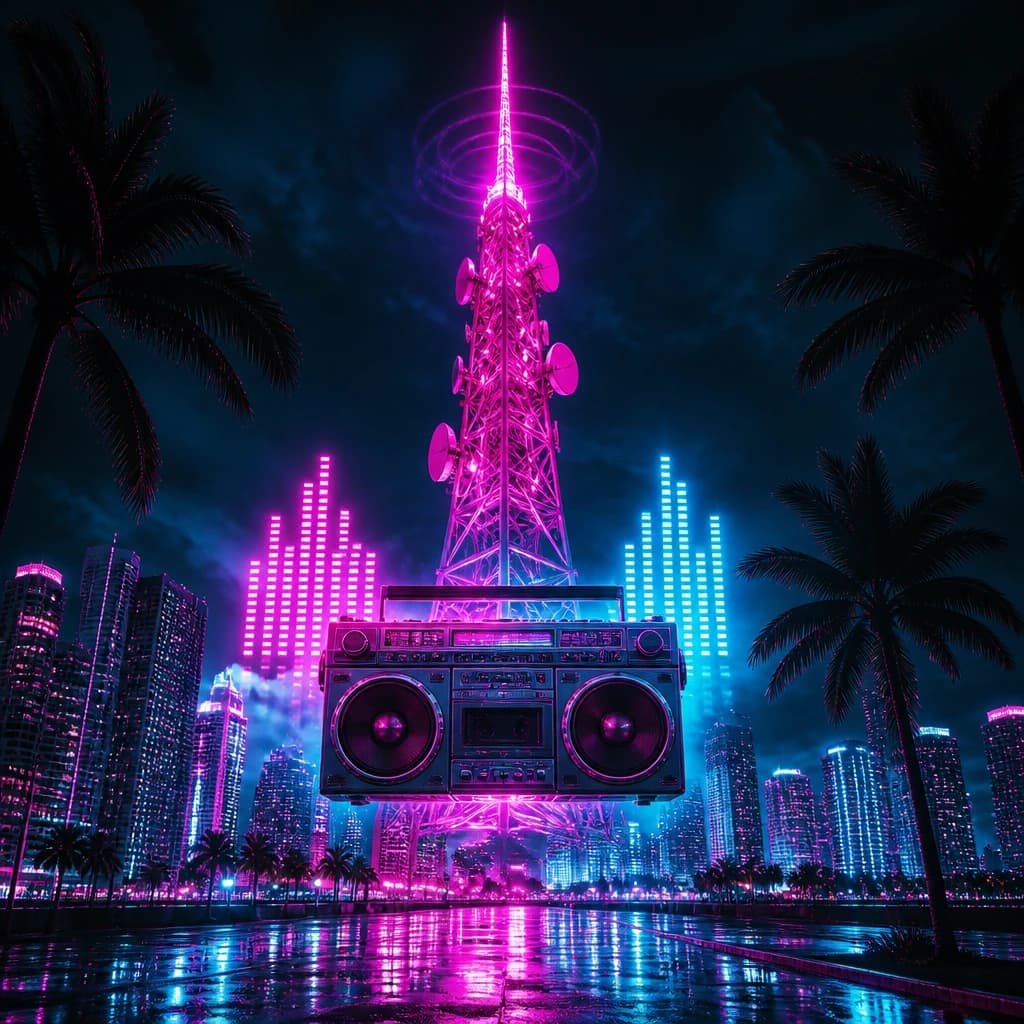 Vice City'nin gece gökyüzünde neon ışıklı bir radyo kulesi, GTA 6'nın radyo istasyonlarının arkasındaki söylentideki ünlü küratörleri temsil ediyor.