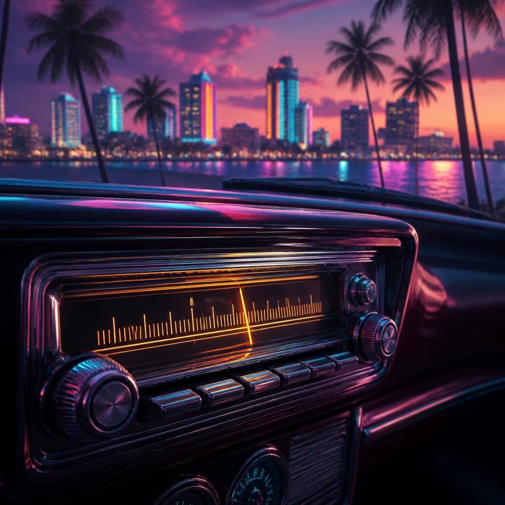 GTA 6'nın Vice City'nin neon gökyüzünü çağrıştıran anahtar görseli; hayranların Leonida'da yeniden görmeyi umduğu klasik radyo istasyonu çağı.