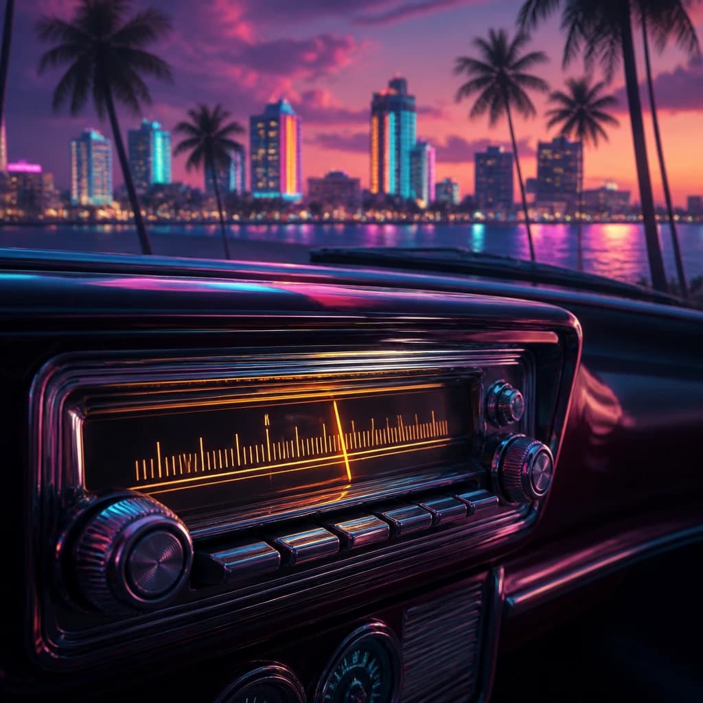 Arte-chave de GTA 6 evocando o horizonte neon de Vice City, a era das rádios clássicas que os fãs esperam ver de volta em Leonida.