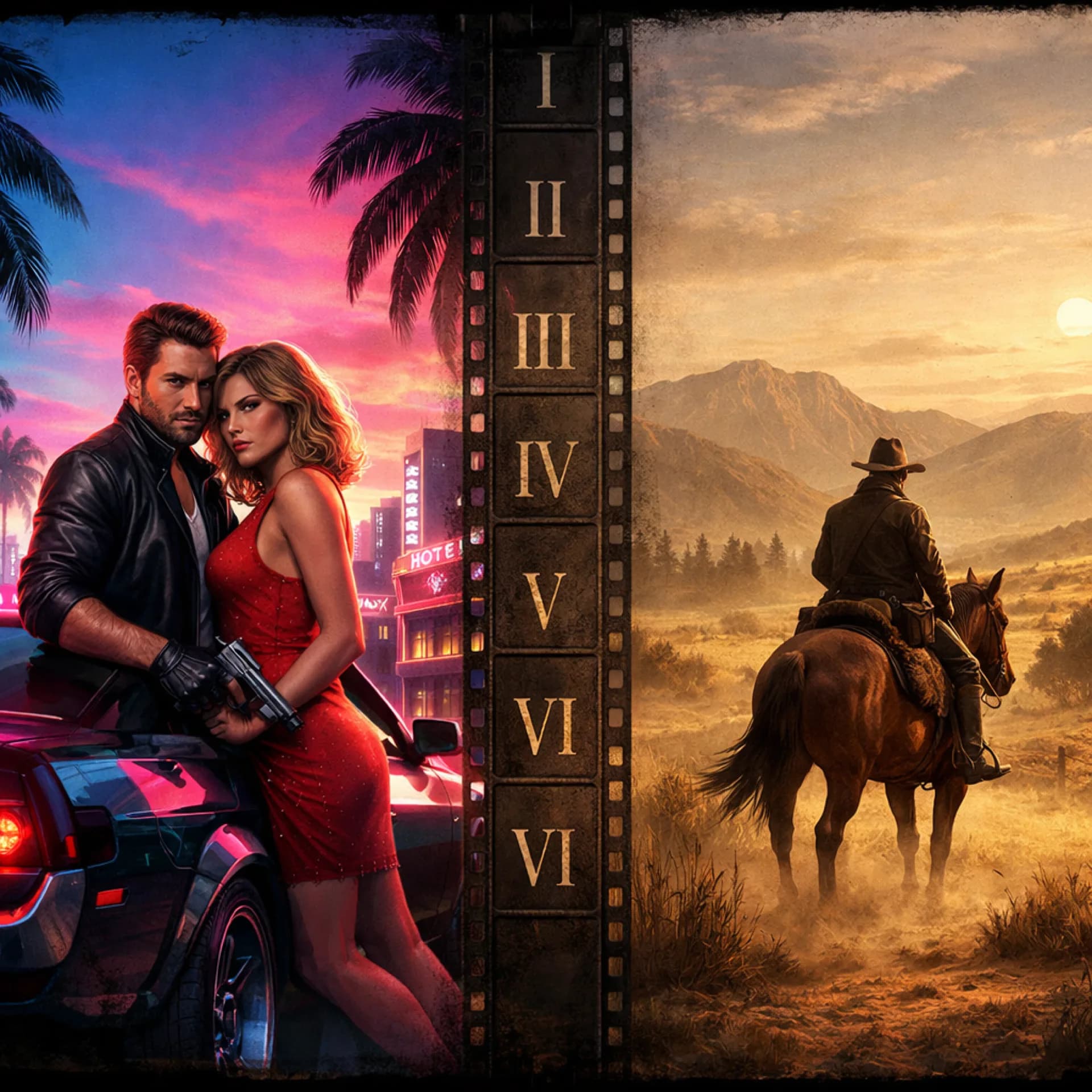 GTA 6 Jason and Lucia in neon Vice City, Red Dead Redemption 2 inspired chapter-based story