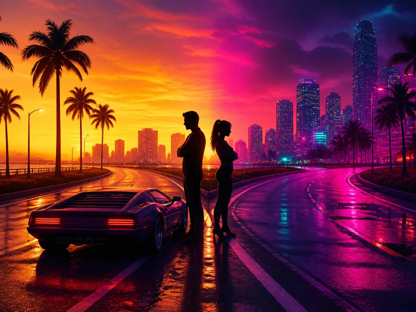 GTA 6 key art of two silhouetted figures at a fork in the road at sunset, symbolizing the RDR2-style epilogue ending theory.
