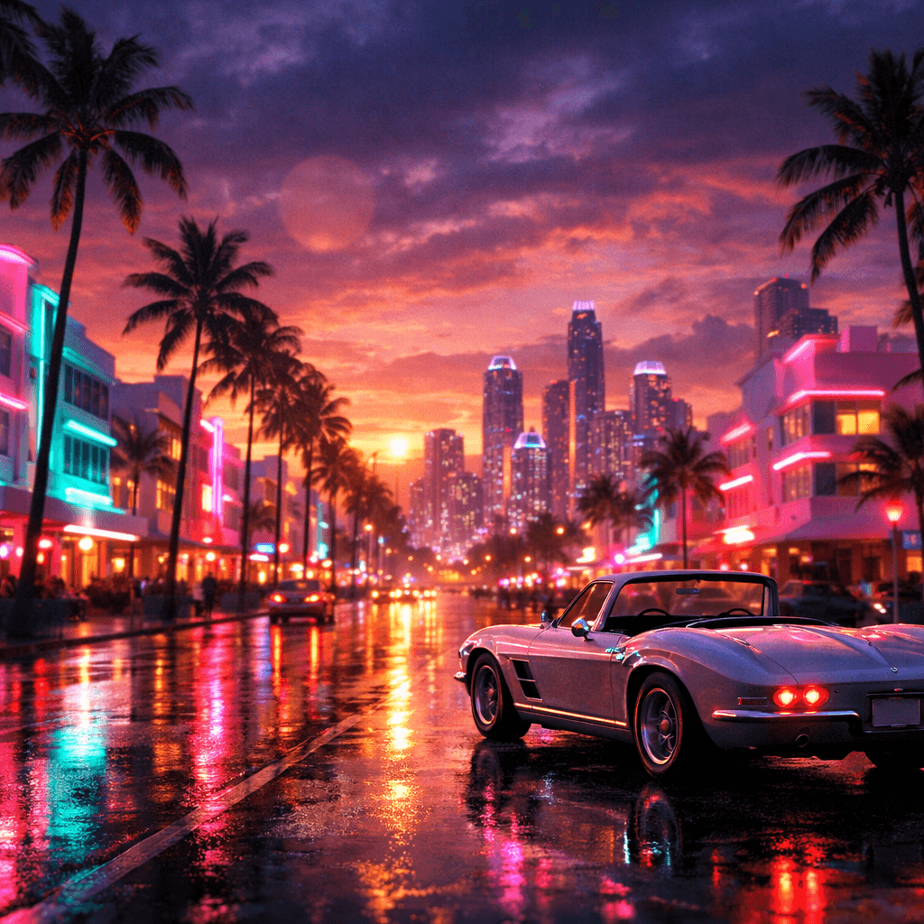 GTA 6 Vice City neon skyline at sunset