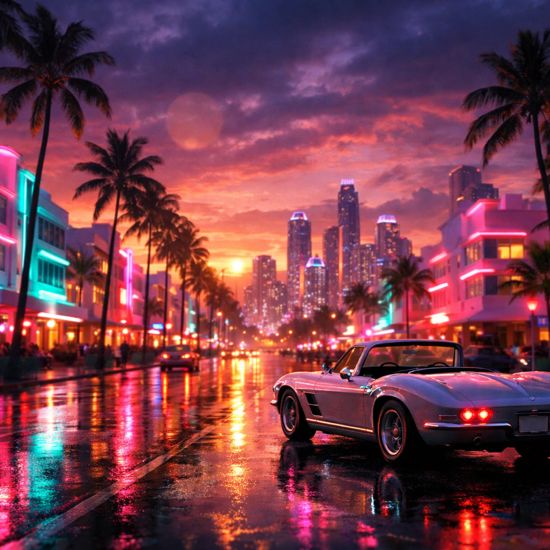 GTA 6 Vice City neon silüeti gün batımında