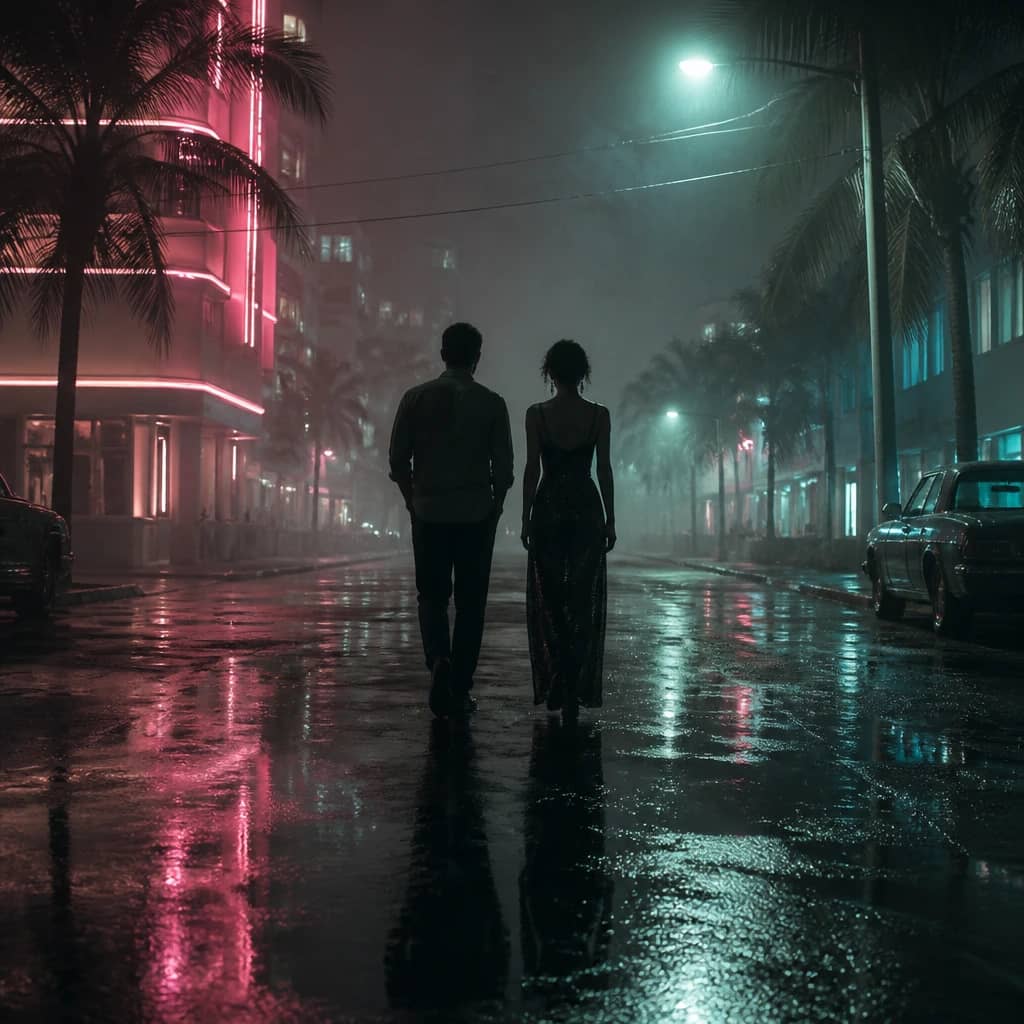 Jason and Lucia in a moody, rain-soaked Vice City street at night, evoking GTA 6's more serious, RDR2-inspired tone