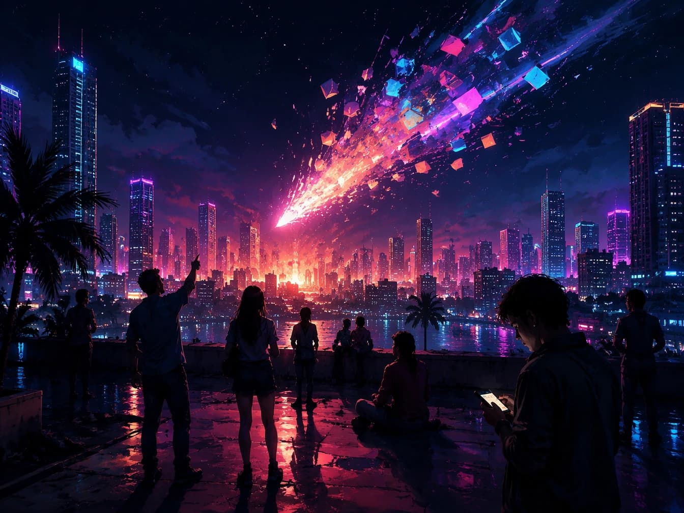 Ein Meteor, der für GTA 6 steht, rast auf die Neon-Skyline einer Vice-City-artigen Stadt zu, während Zuschauer auf einem Dach zusehen — einer zeigt staunend nach oben, ein anderer bleibt am Handy, was Shawn Laydens Aussage zum Reichweitenproblem des Gamings illustriert.