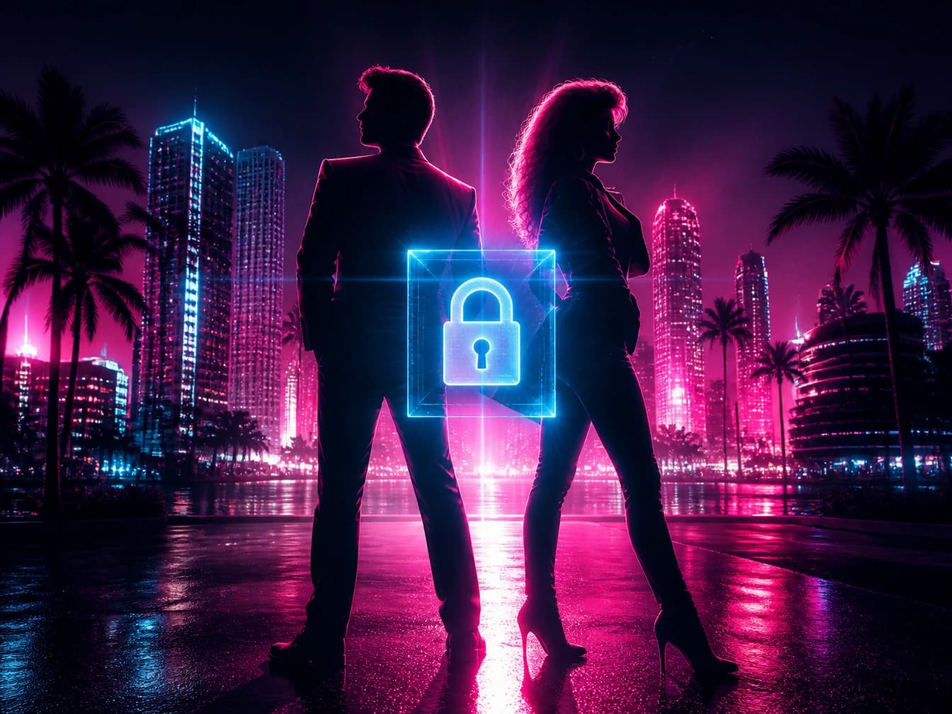 GTA6关键美术图,Jason与Lucia被一个锁住的DLC图标分隔,象征粉丝对单人剧情内容的期待。