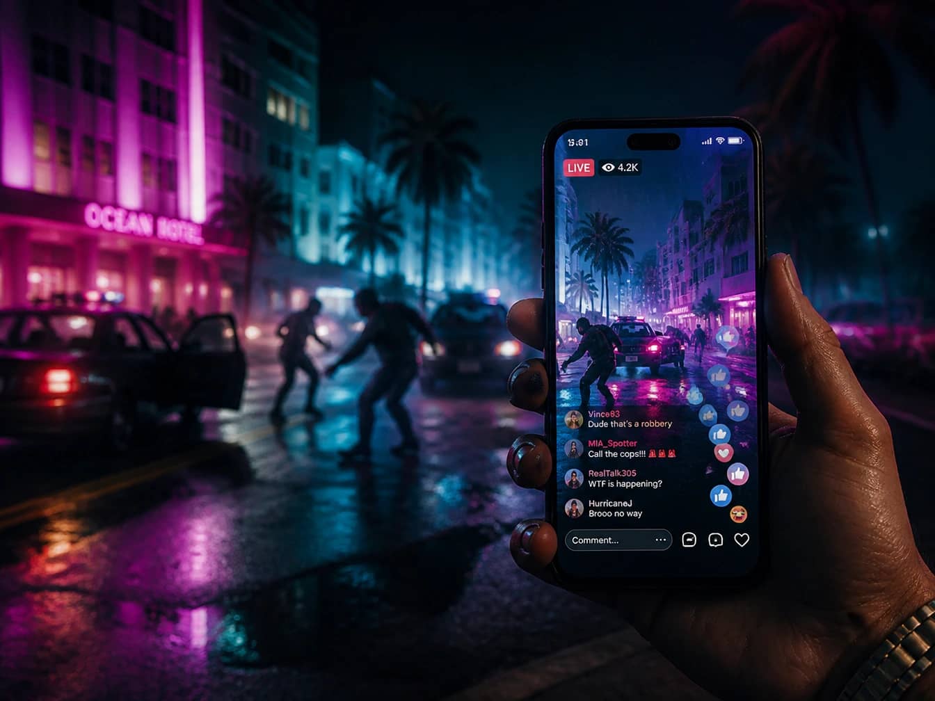 Artwork clé de GTA 6 montrant un smartphone filmant un braquage, illustrant la théorie fan du niveau de recherche lié aux réseaux sociaux.