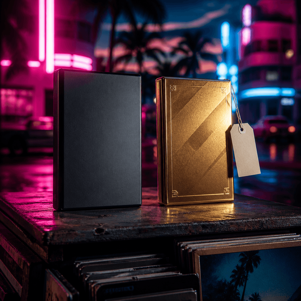 Caixas das edições Padrão e Ultimate de GTA 6 numa banca de Vice City sob luz neon, com uma etiqueta de preço entre elas