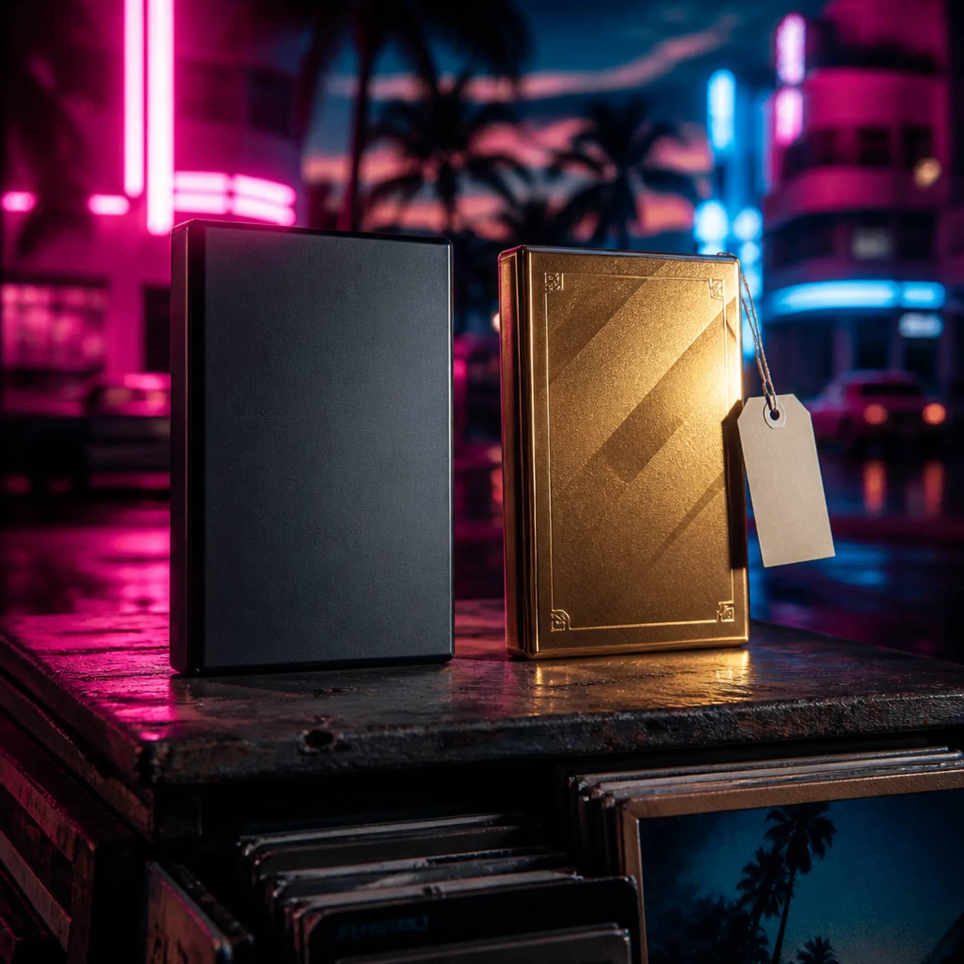 Boîtes des éditions Standard et Ultimate de GTA 6 sur un kiosque de Vice City sous le néon, une étiquette de prix entre elles