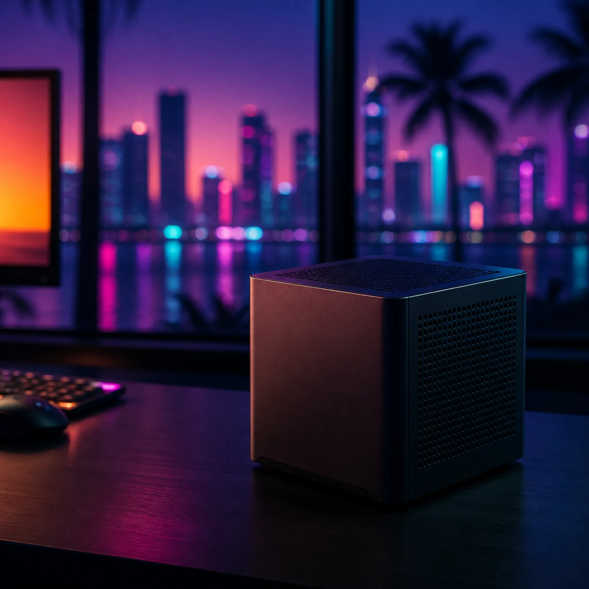 Valve's Steam Machine mini-PC next to a GTA 6 key visual, illustrating whether Rockstar's next game will run well on the compact SteamOS console.