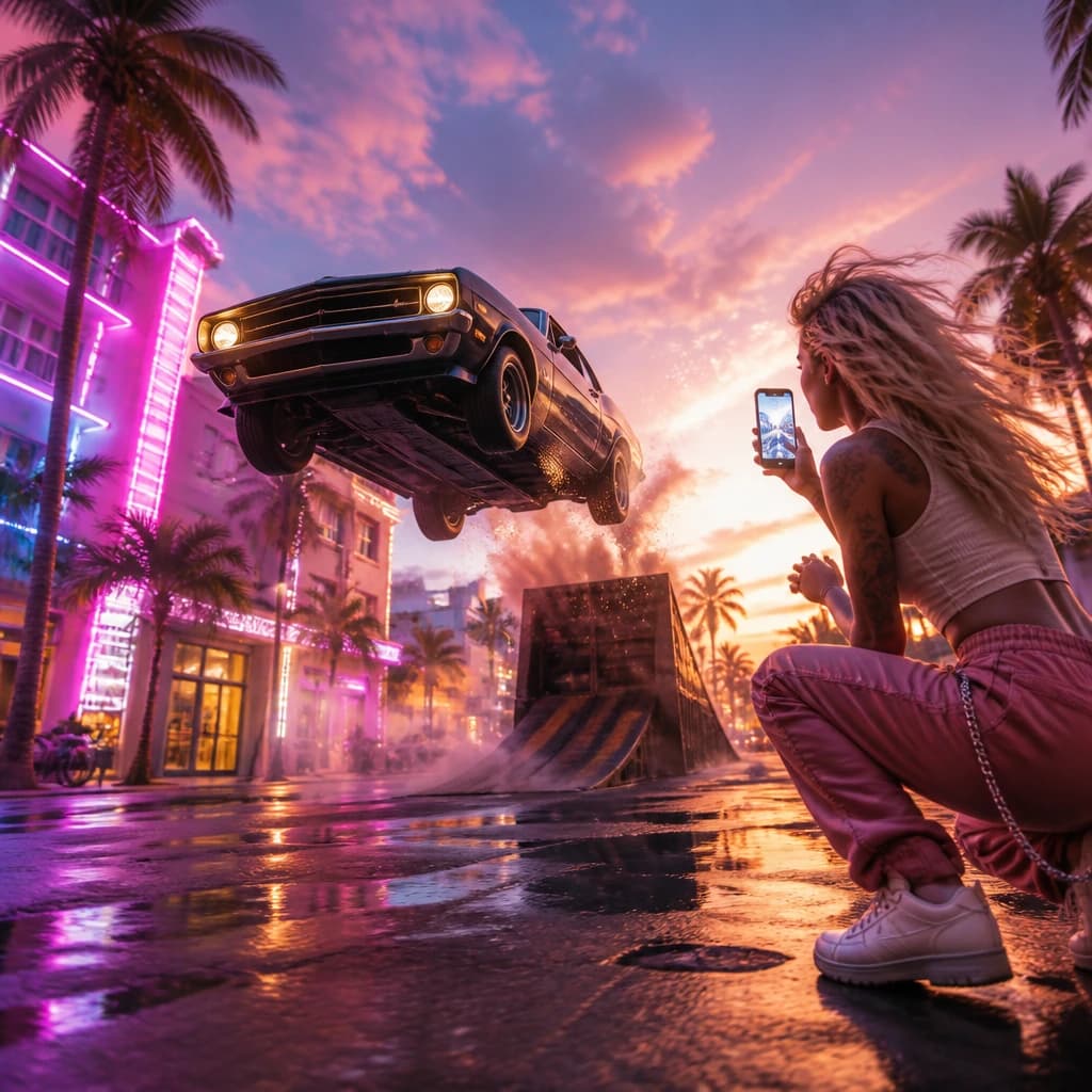 Imagem conceitual de GTA 6 mostrando um carro saltando uma rampa em Vice City enquanto um influenciador filma com o celular