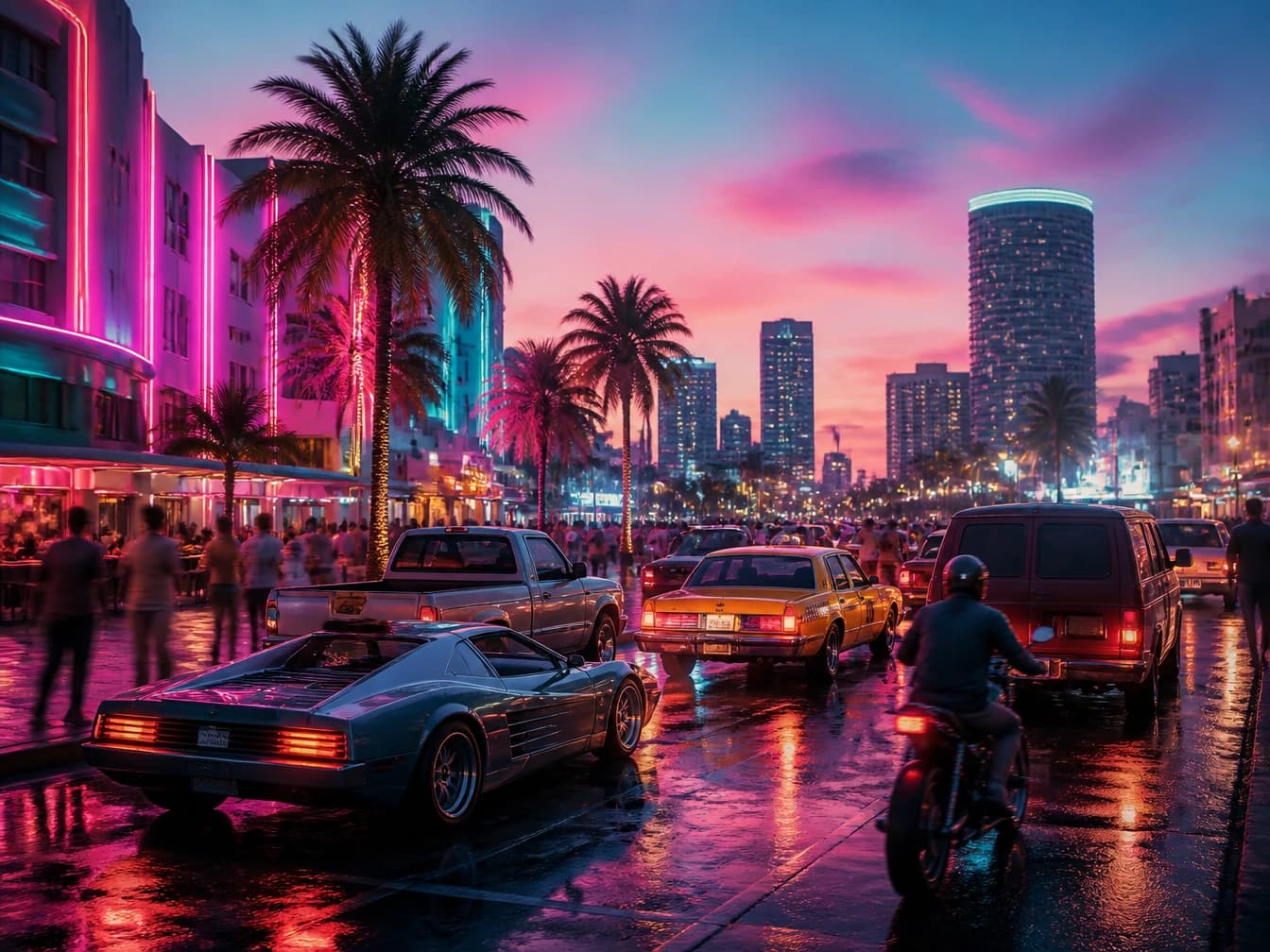 Artwork clé de GTA 6 montrant une rue animée de Vice City remplie d'une circulation variée, le genre de variété de voitures que les fans espèrent voir remplacer les véhicules PNJ dupliqués.