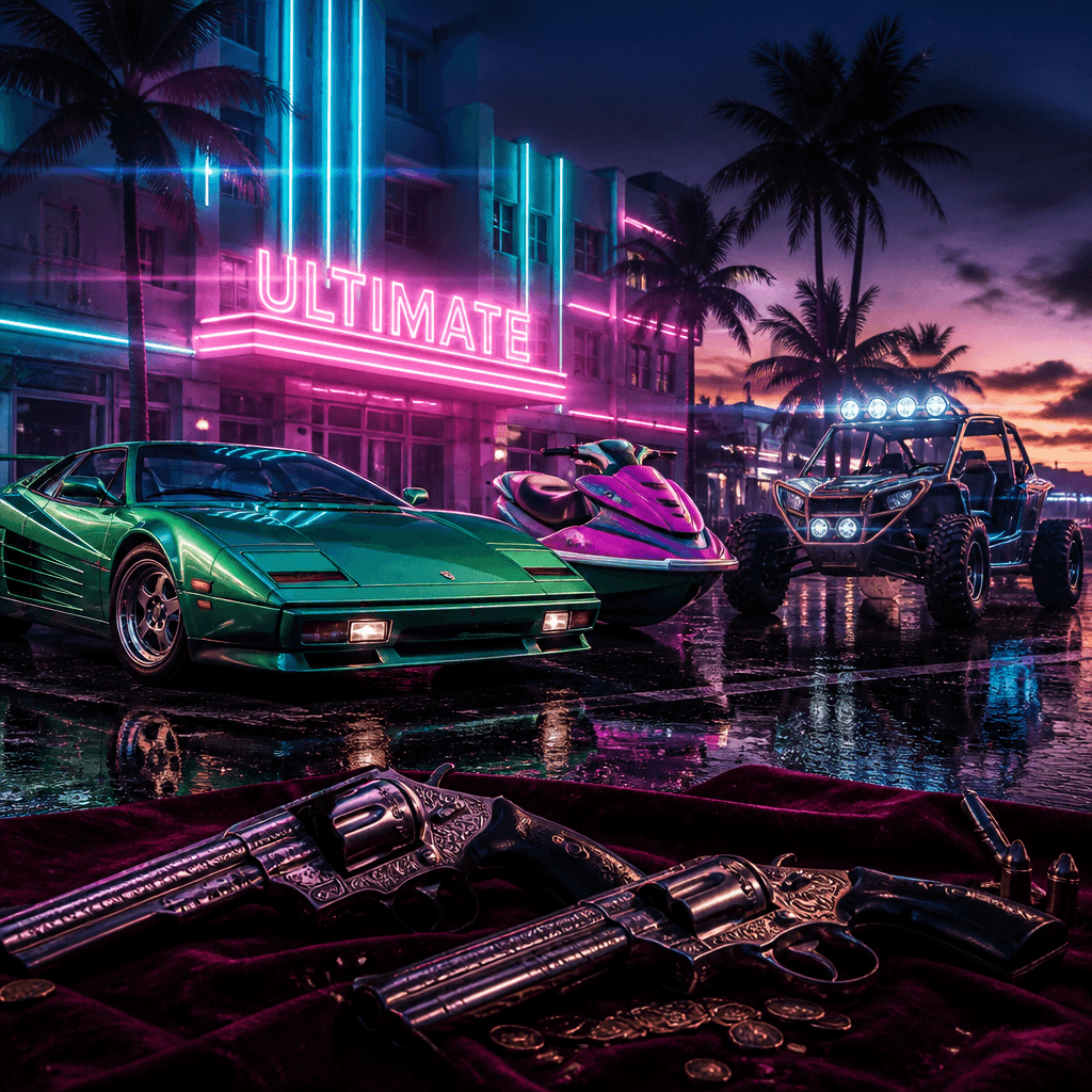 Veículos e armas exclusivos da Edição Ultimate de GTA 6 em estilo neon de Vice City