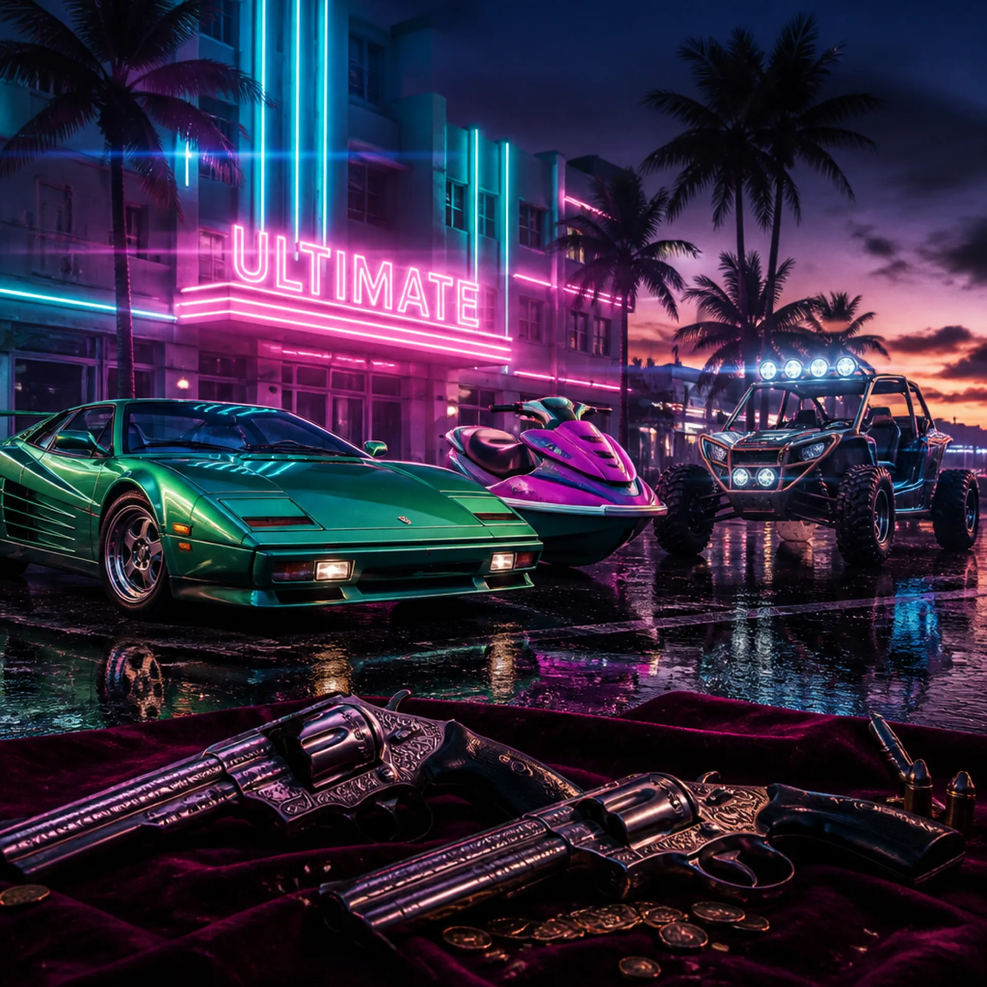 GTA 6 Ultimate Edition exclusive vehicles and weapons in neon Vice City