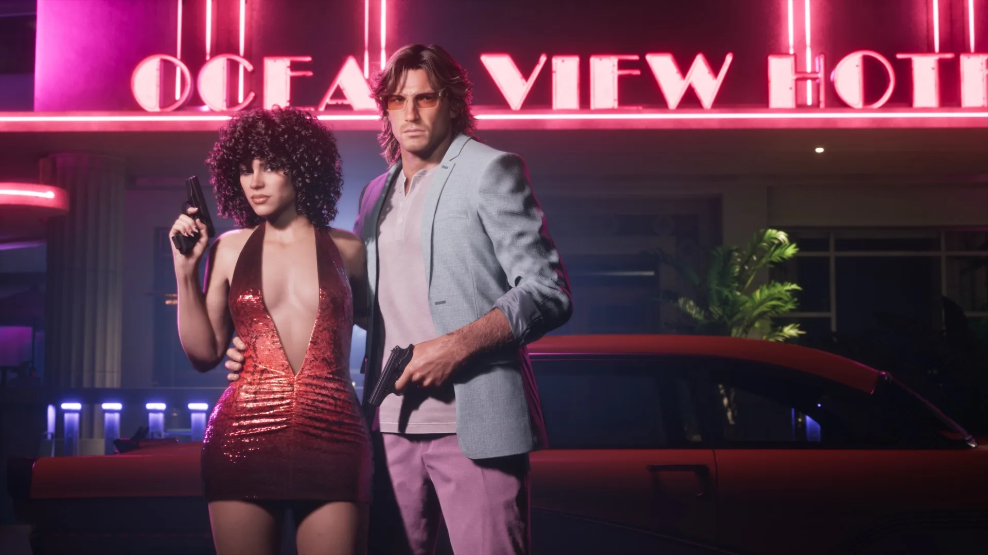 GTA 6 Vintage Vice City Pack items — the '55 Vapid Stanier, retro outfits and Vercetti weapon pattern