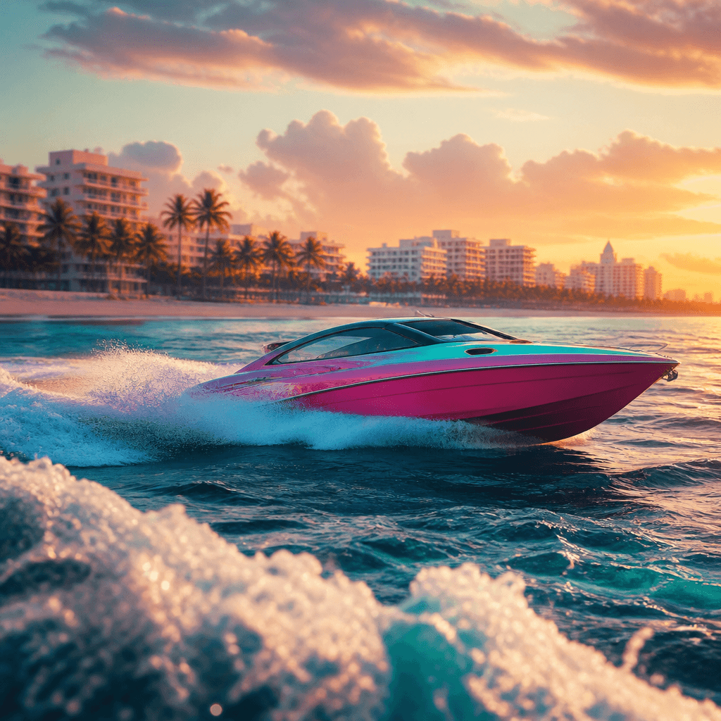 GTA 6 water physics compared to GTA 5: rolling waves, foam and a boat wake off the Vice City coast in trailer footage.