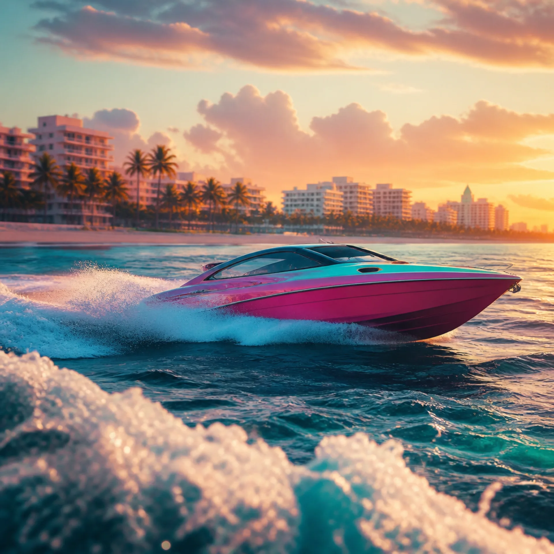 Physique de l'eau de GTA 6 comparée à GTA 5 : vagues roulantes, écume et le sillage d'un bateau au large de la côte de Vice City dans les images du trailer.