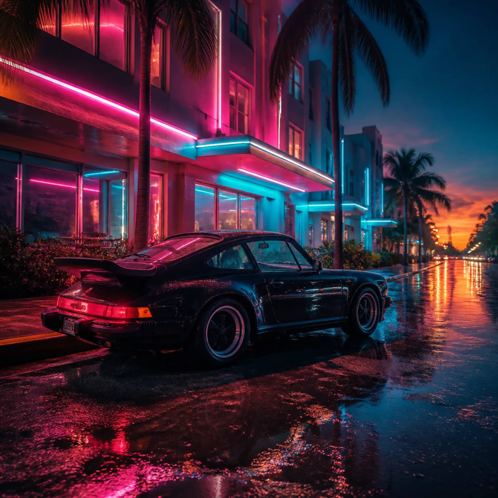 夜の雨に濡れた通りに映るバイスシティのネオンの夜景——ファンがGTA6のHDRを引き立てると予測する、まさにそのような高コントラストなシーン。