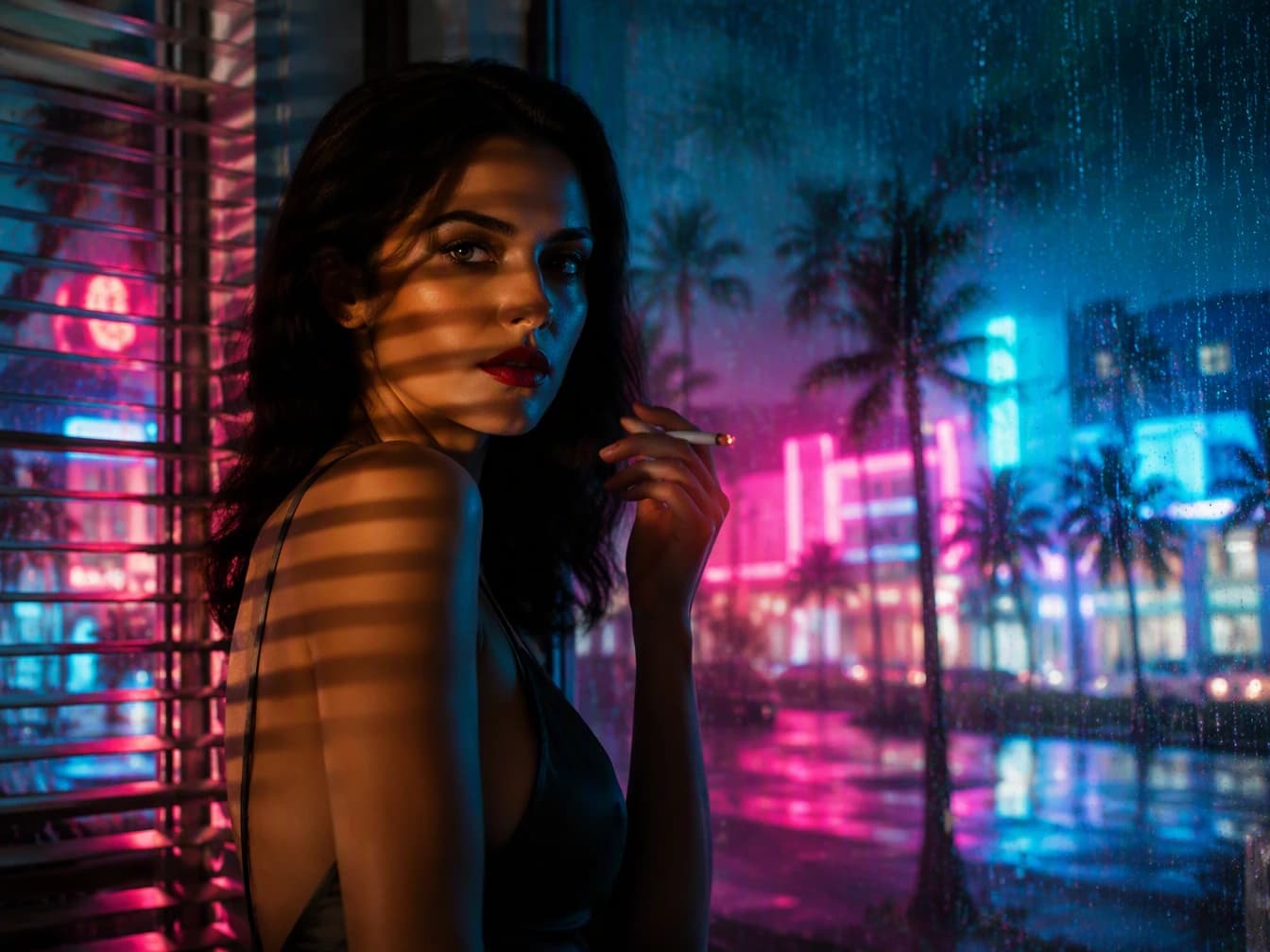 Lucia Caminos em estilo film noir neon diante do horizonte chuvoso de Vice City, GTA VI