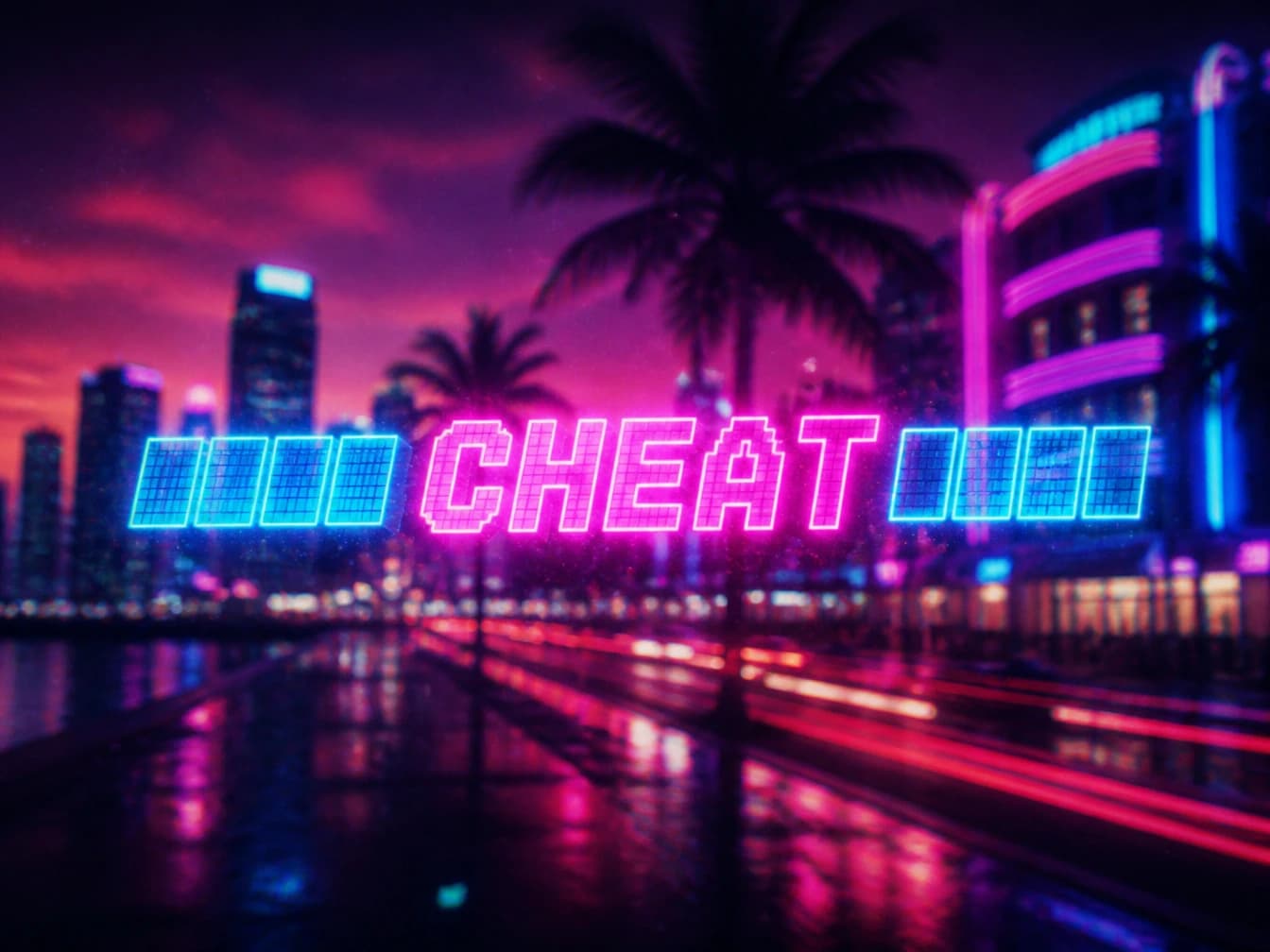 Neon-lit cheat-code entry screen over a Vice City skyline, illustrating whether GTA 6 will have cheat codes