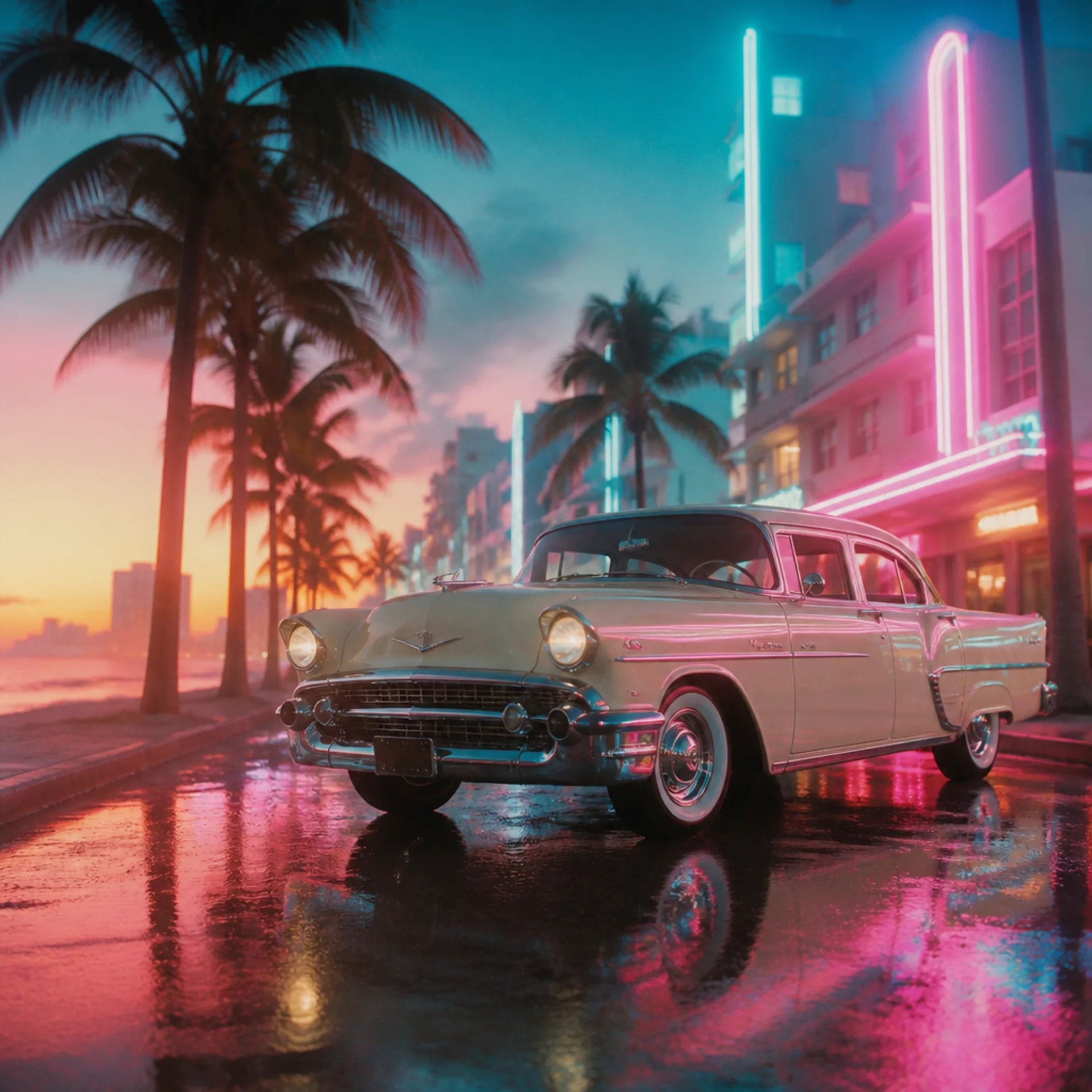 GTA 6 Vintage Vice City pack video — the '55 Vapid Stanier and '80s Vice City looks animated in a neon AI concept clip
